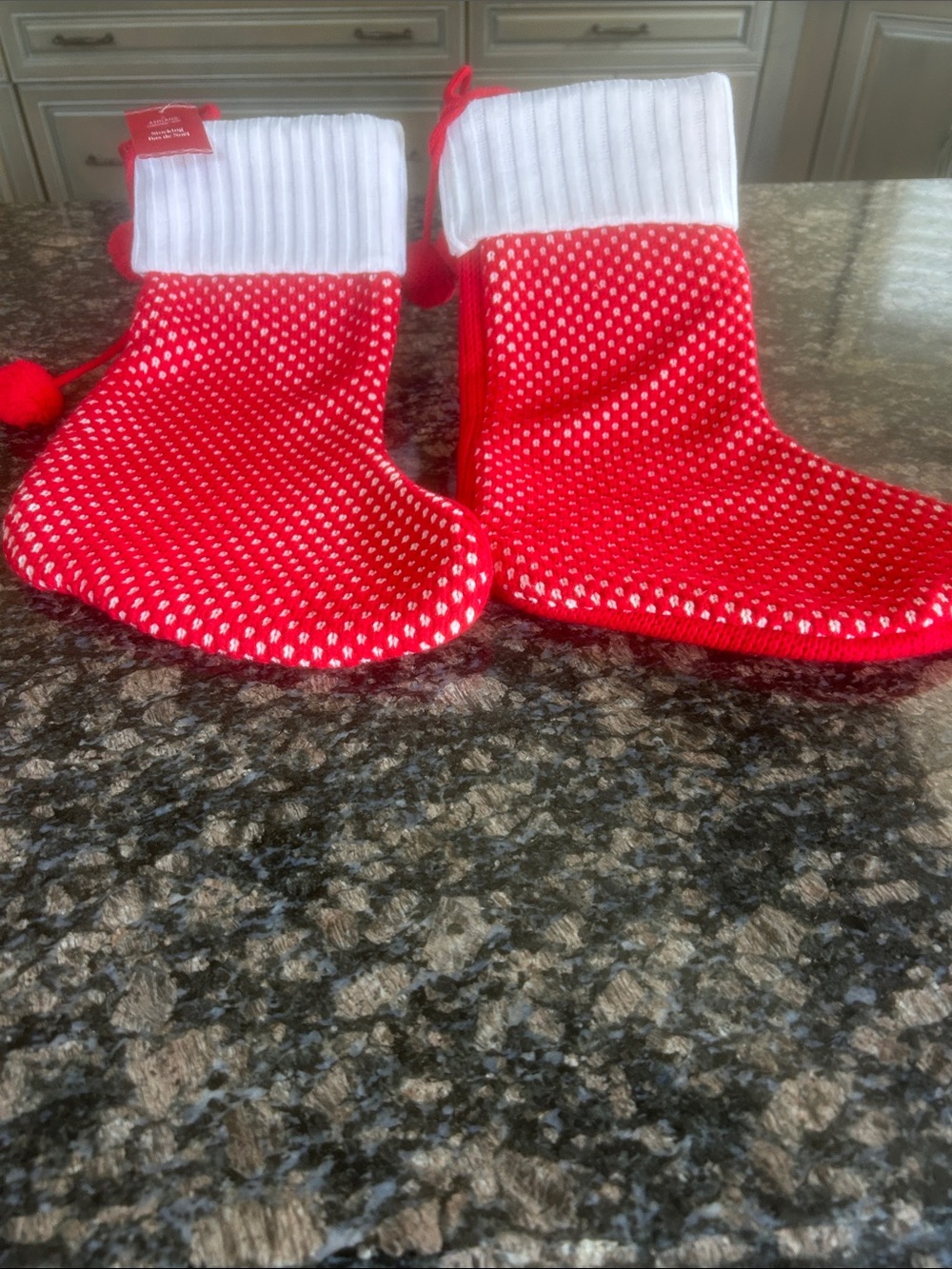 ASHLAND CHRISTMAS STOCKING RED & WHITE PATTERNED KNIT W POM POMS LOT OF 2 NWT